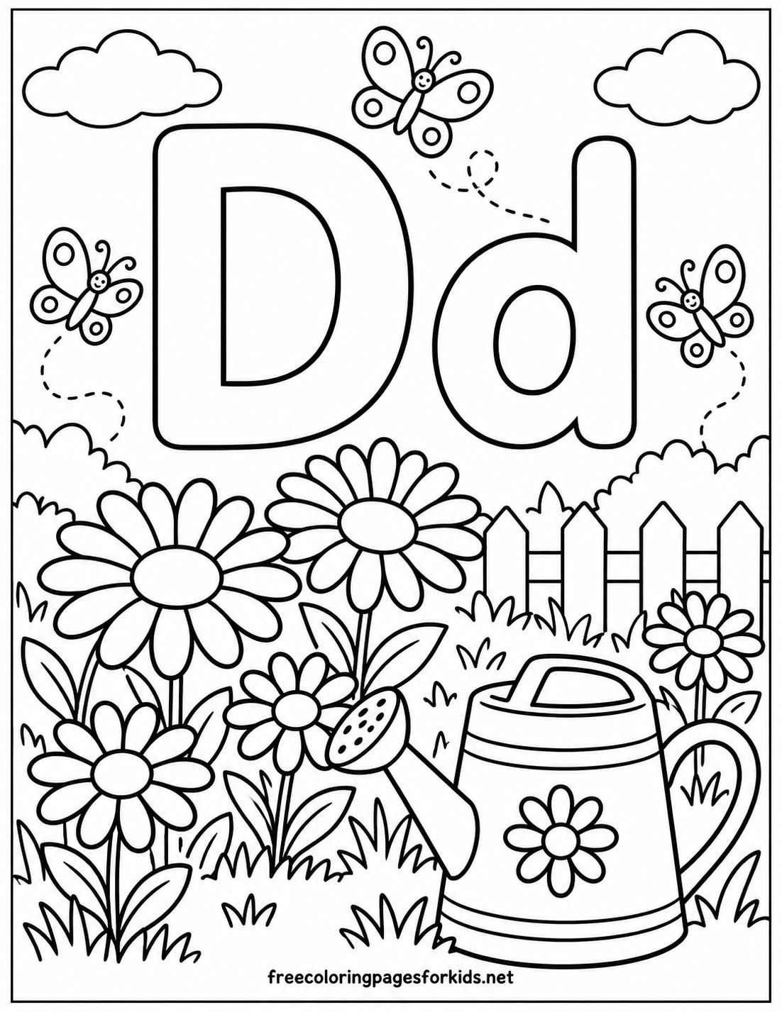 Letter D Garden Flowers and Watering Can Coloring Page