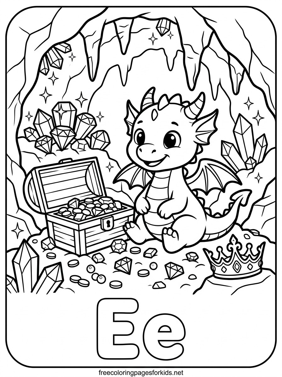 Letter E Baby Dragon with Treasure Coloring Page