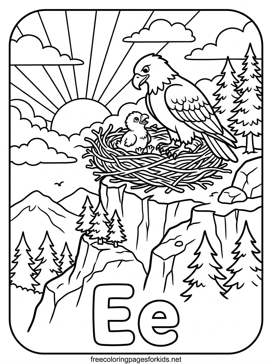 Letter E Eagle Family in the Nest Coloring Page