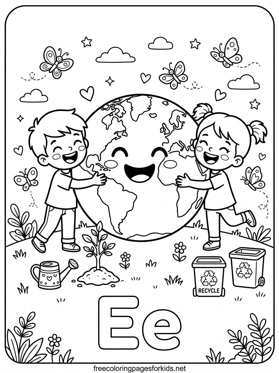 Letter E Earth Day with Kids Coloring Page