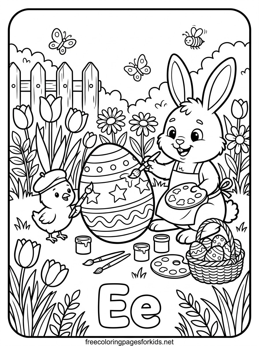 Letter E Easter Bunny Painting Eggs Coloring Page