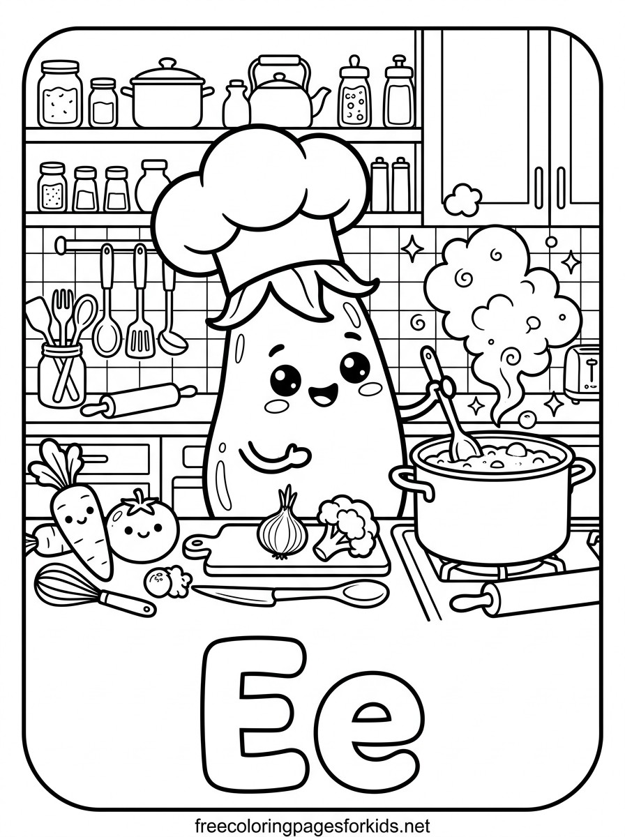 Letter E Eggplant Chef Coloring Page