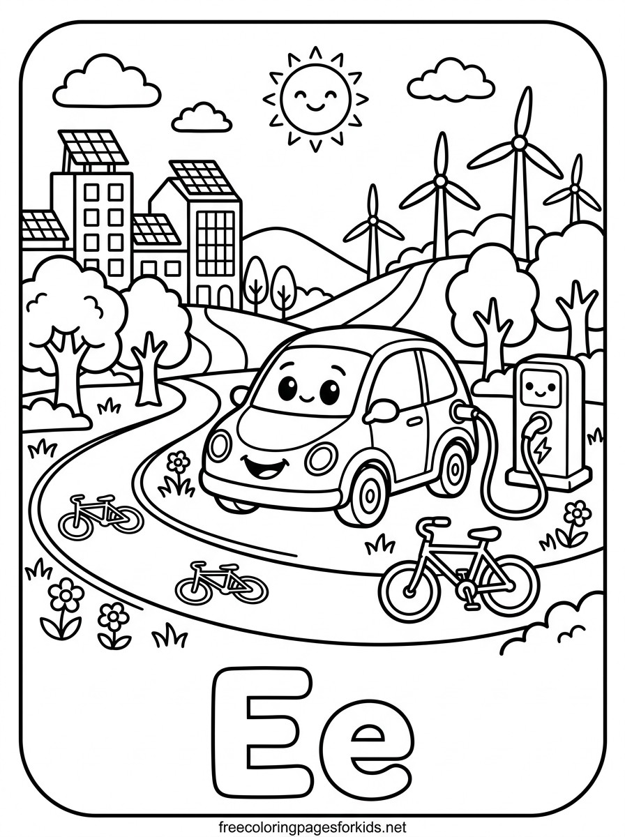 Letter E Electric Car Coloring Page