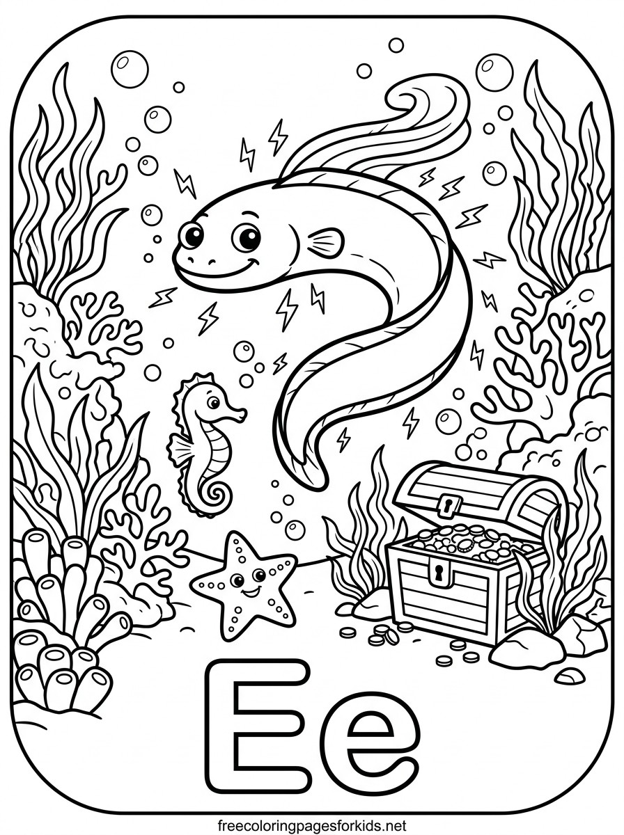 Letter E Electric Eel Coloring Page