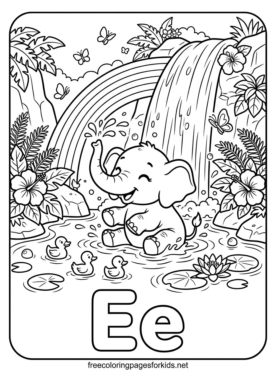 Letter E Baby Elephant at the Waterfall Coloring Page