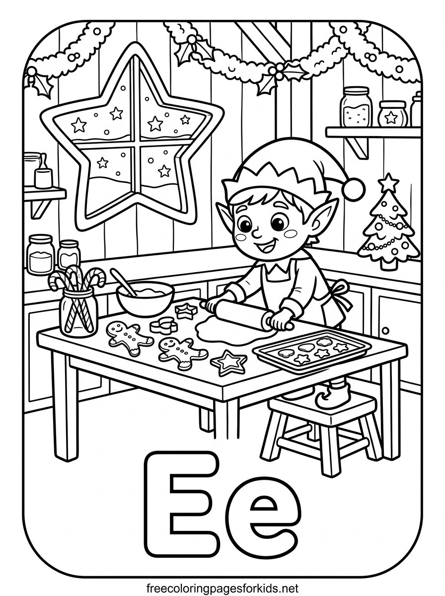 Letter E Elf Baking Cookies Coloring Page