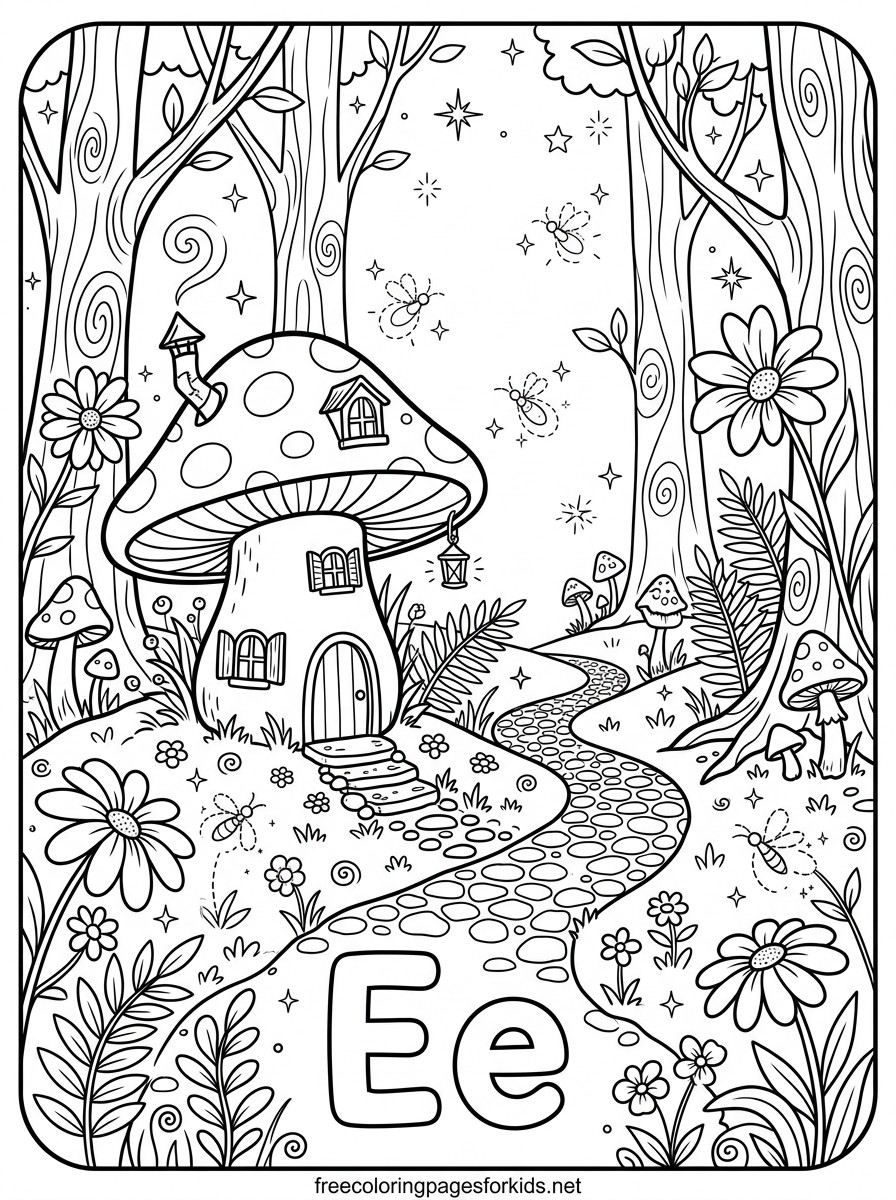Letter E Elf House in the Forest Coloring Page
