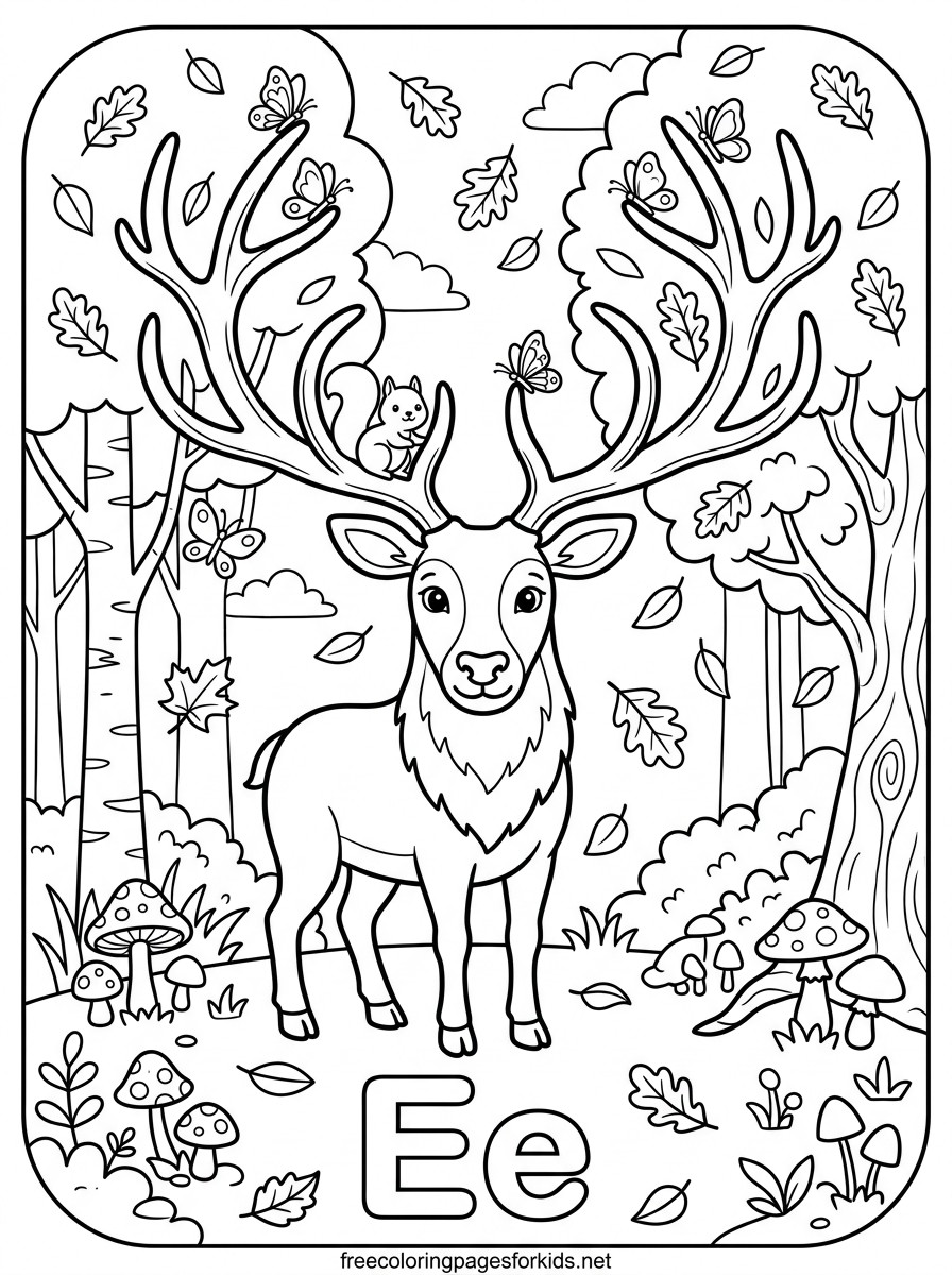 Letter E Elk in the Forest Coloring Page