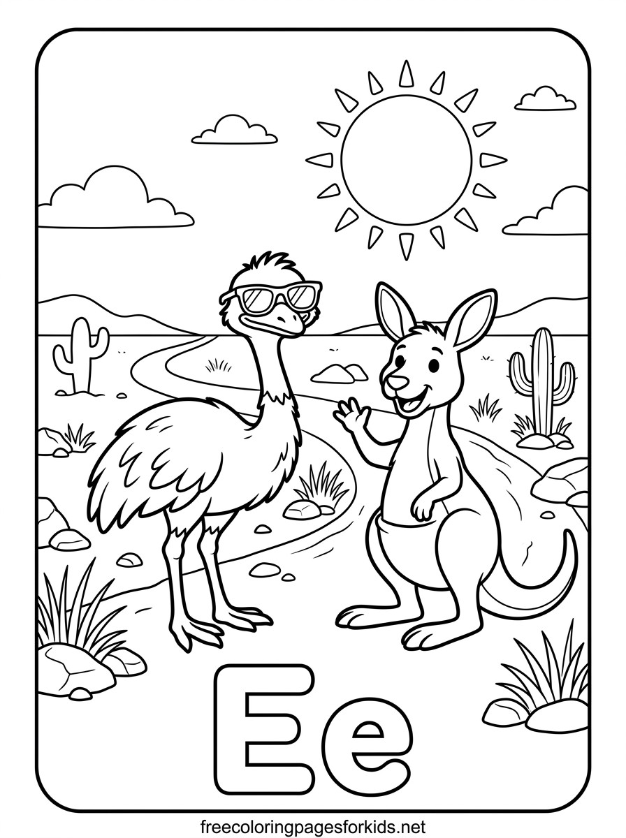 Letter E Emu and Kangaroo Coloring Page