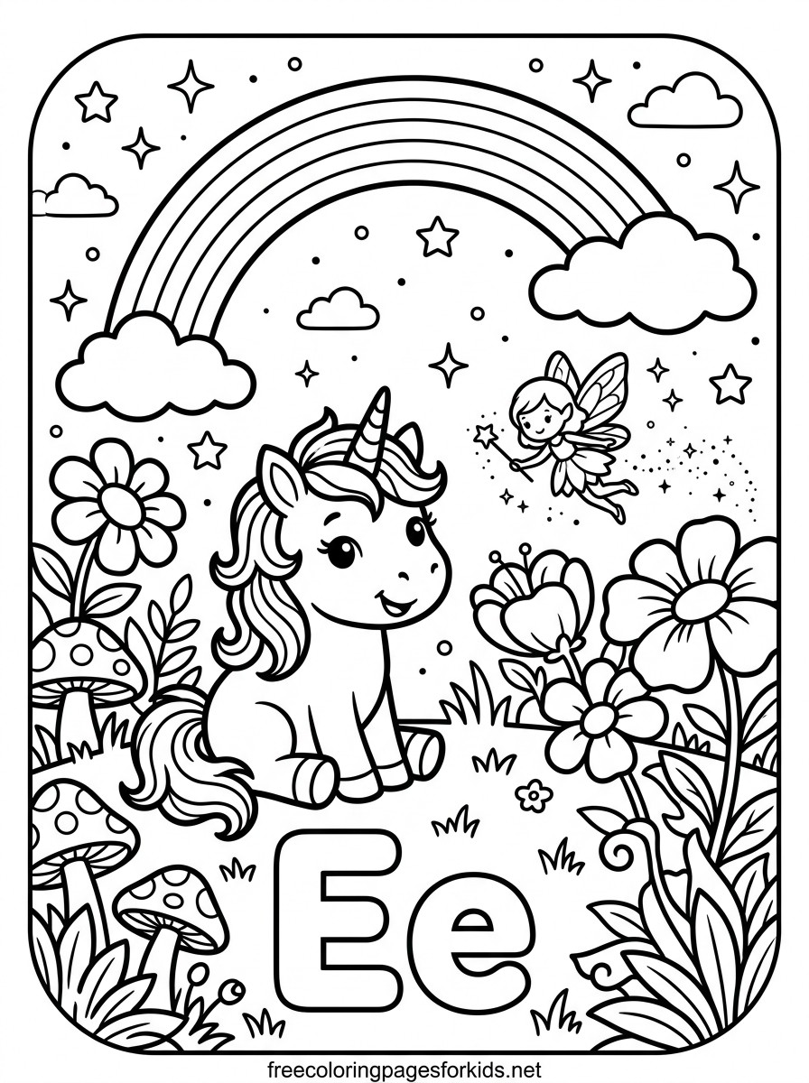 Letter E Unicorn in the Enchanted Garden Coloring Page