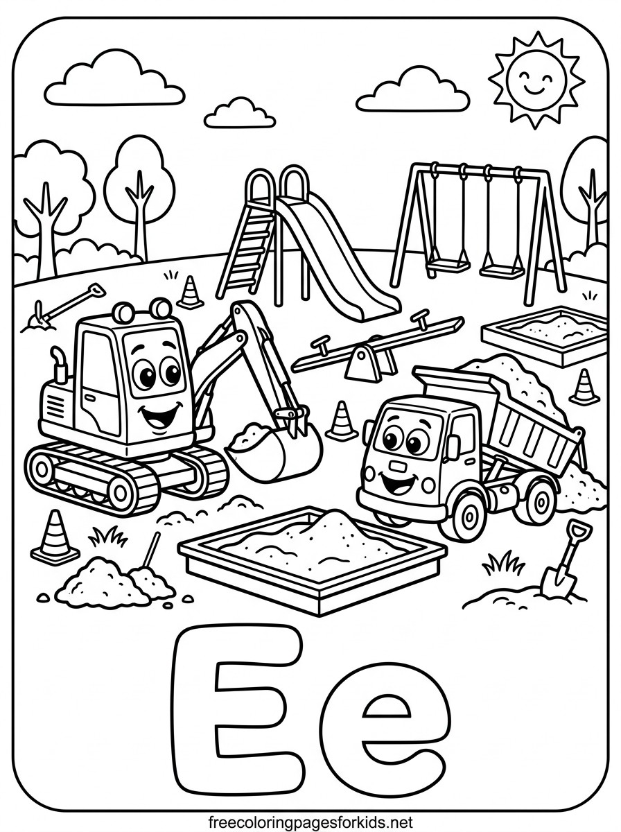 Letter E Excavator Building a Playground Coloring Page