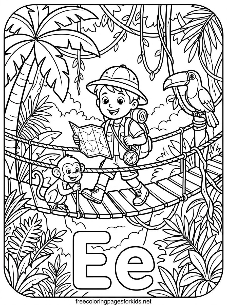 Letter E Jungle Explorer Coloring Page