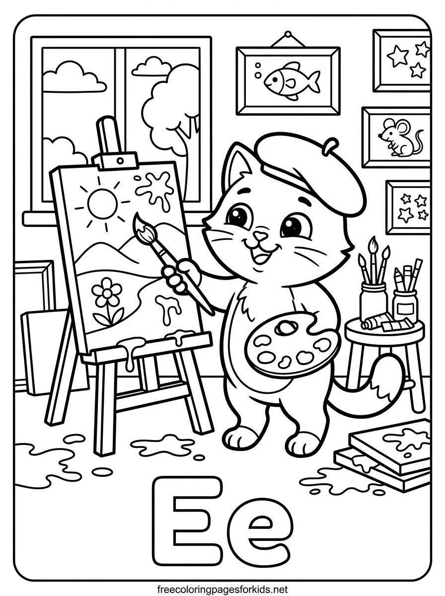 Letter E Painter Cat Coloring Page