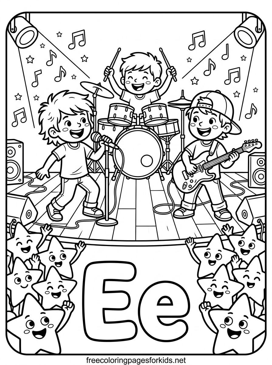Letter E Kids Rock Band Coloring Page