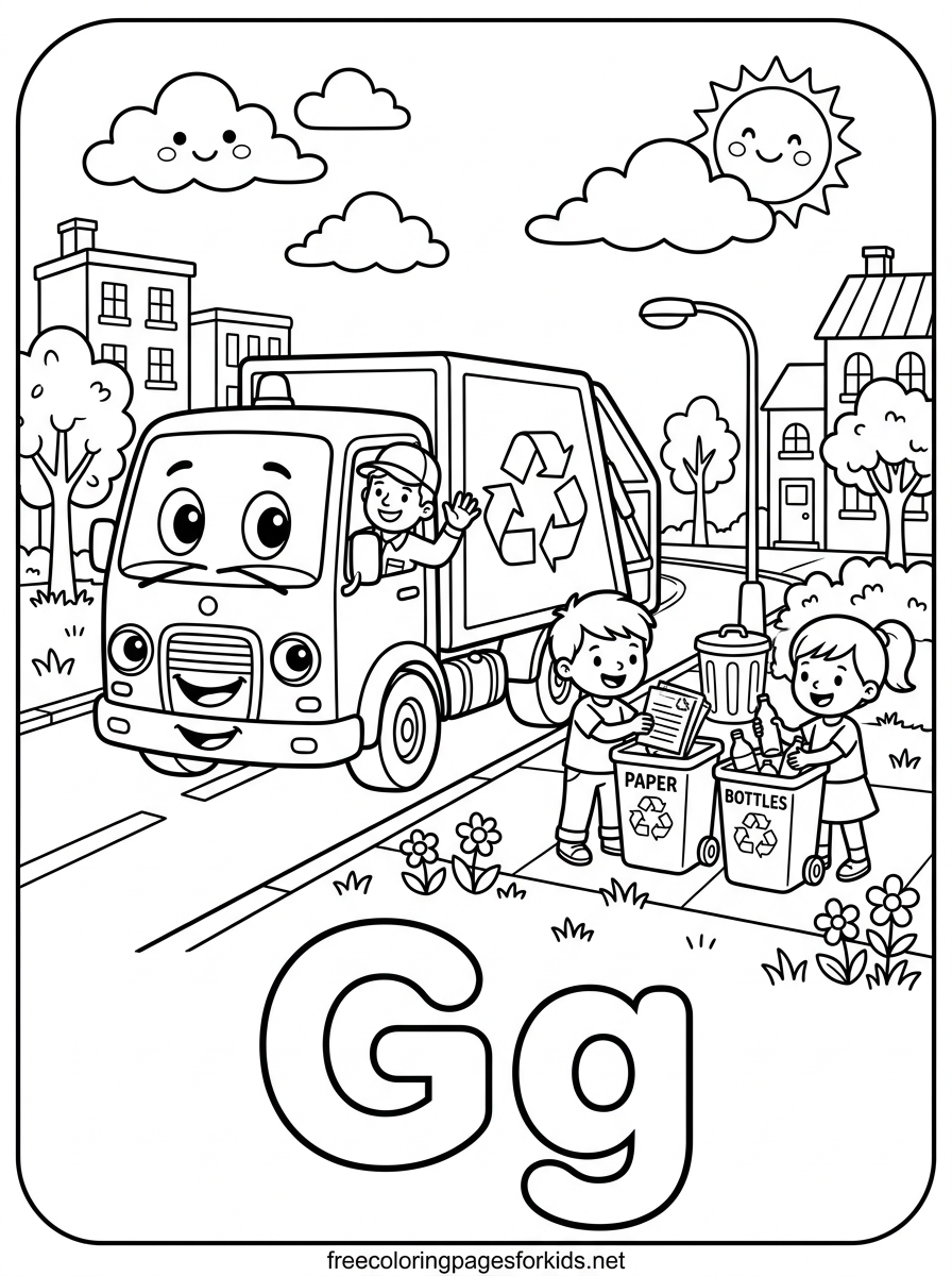 Letter G Garbage Truck and Recycling Kids Coloring Page