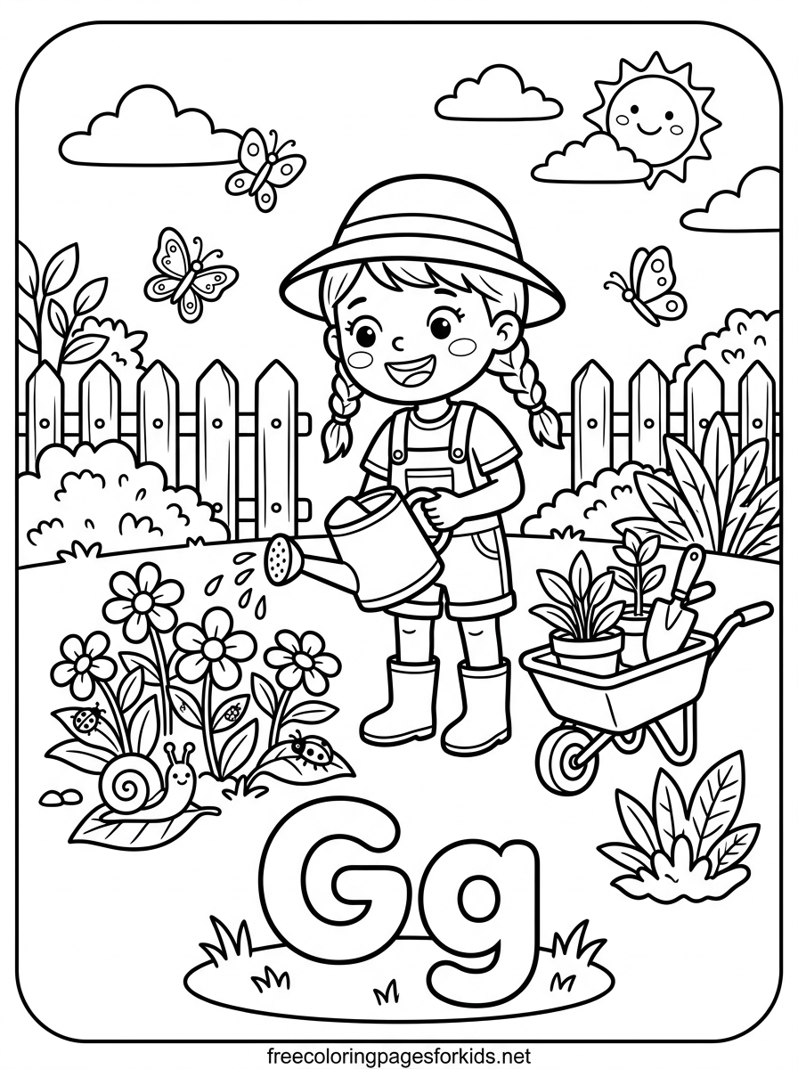 Letter G Girl Watering the Garden Coloring Page