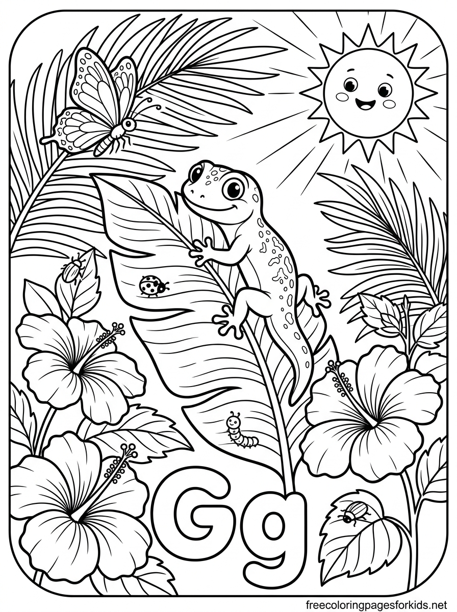 Letter G Gecko on a Tropical Leaf Coloring Page