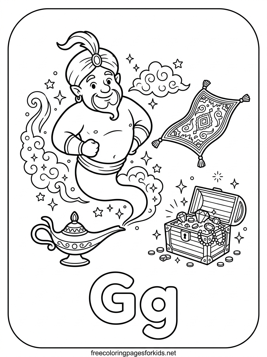 Letter G Genie and Magic Lamp Coloring Page