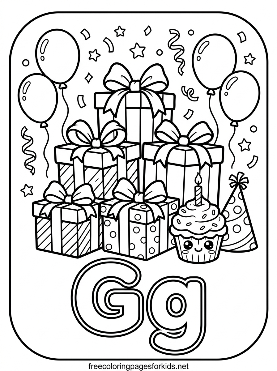 Letter G Gift Boxes and Balloons Coloring Page