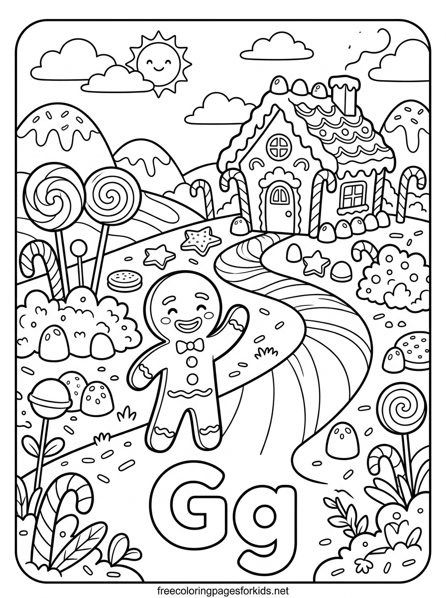 Letter G Gingerbread Man in Candy Land Coloring Page