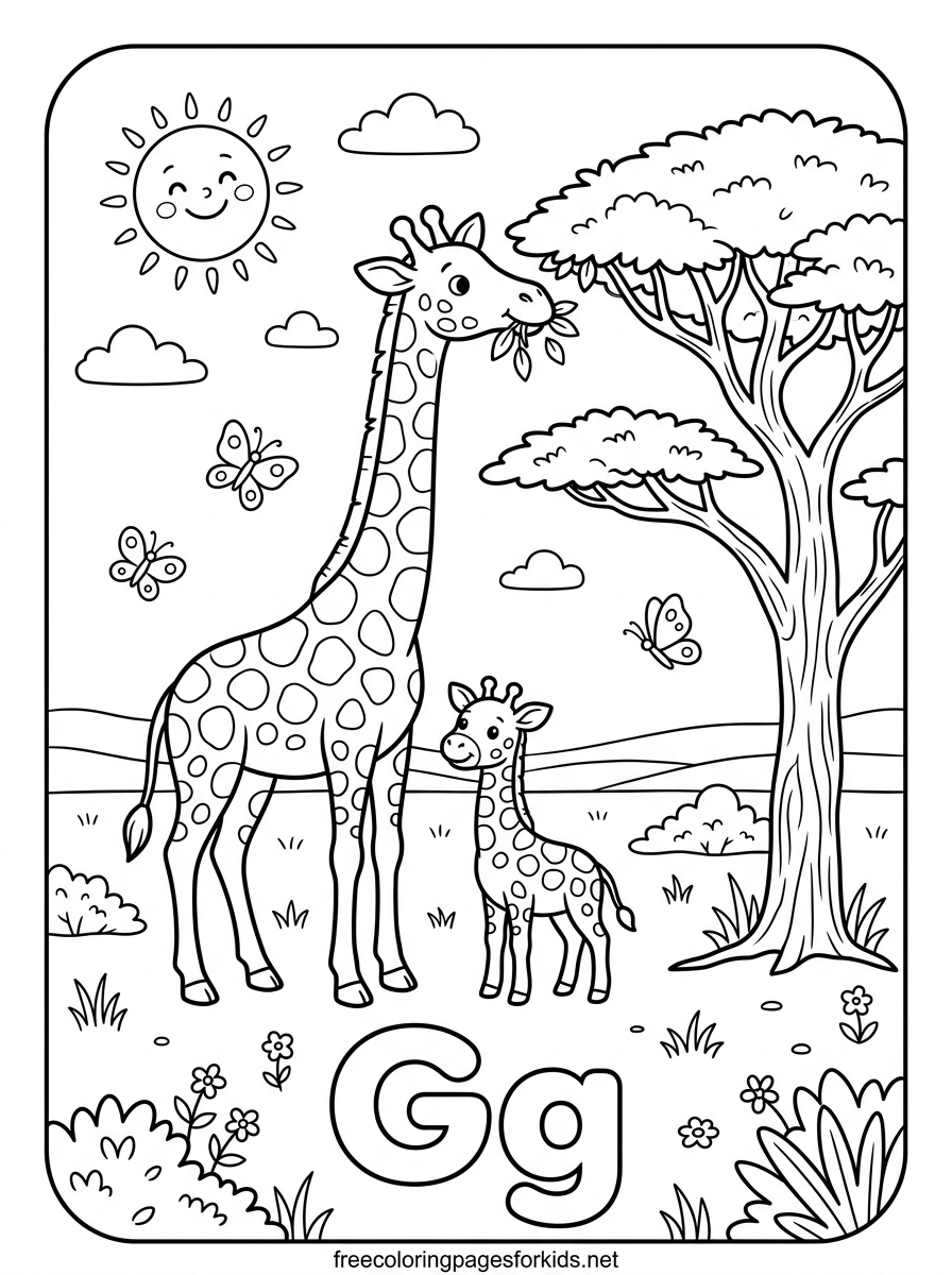 Letter G Giraffe and Baby in the Savanna Coloring Page