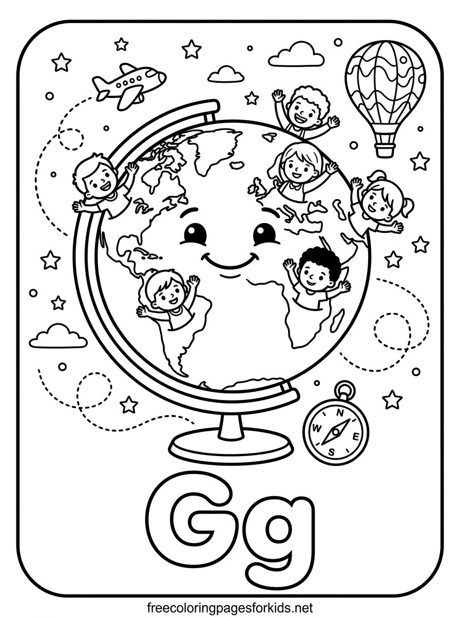 Letter G Smiling Globe and Kids Coloring Page