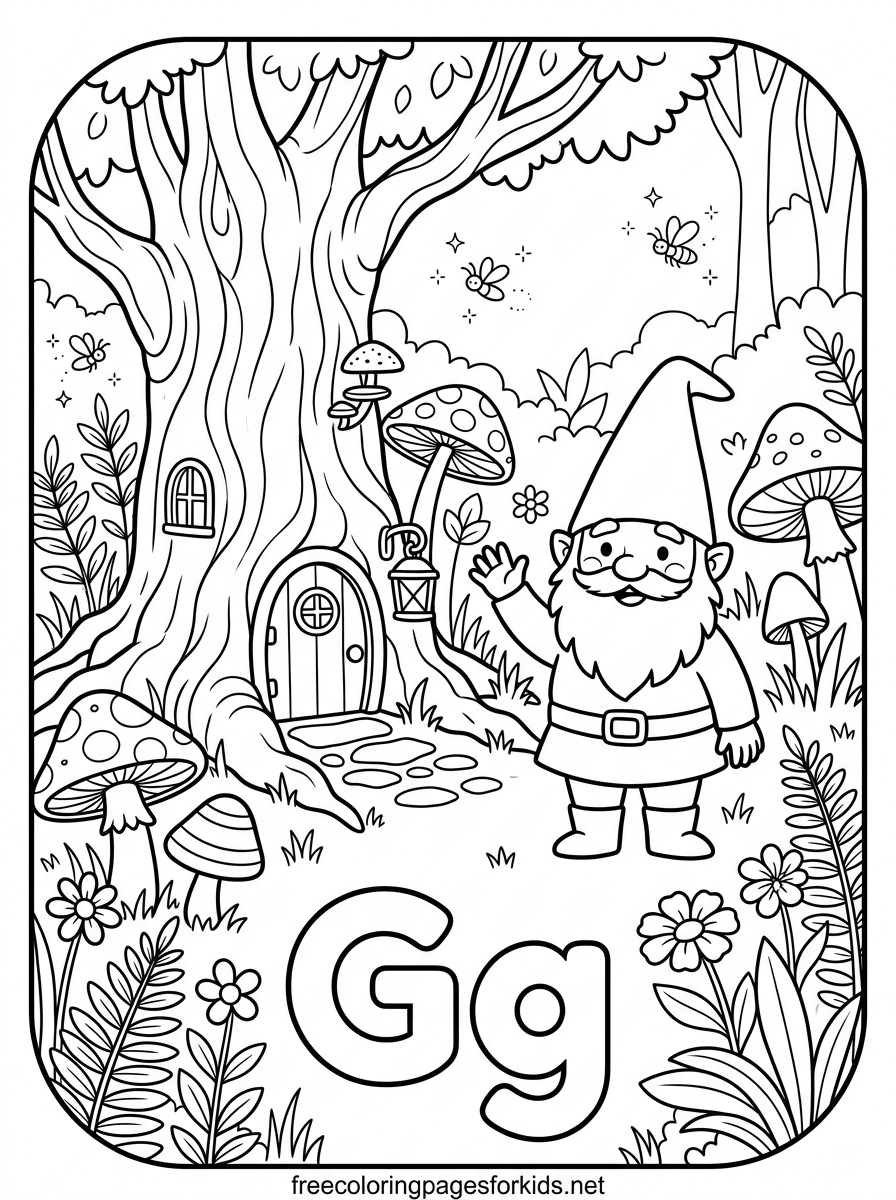 Letter G Garden Gnome in the Magic Forest Coloring Page