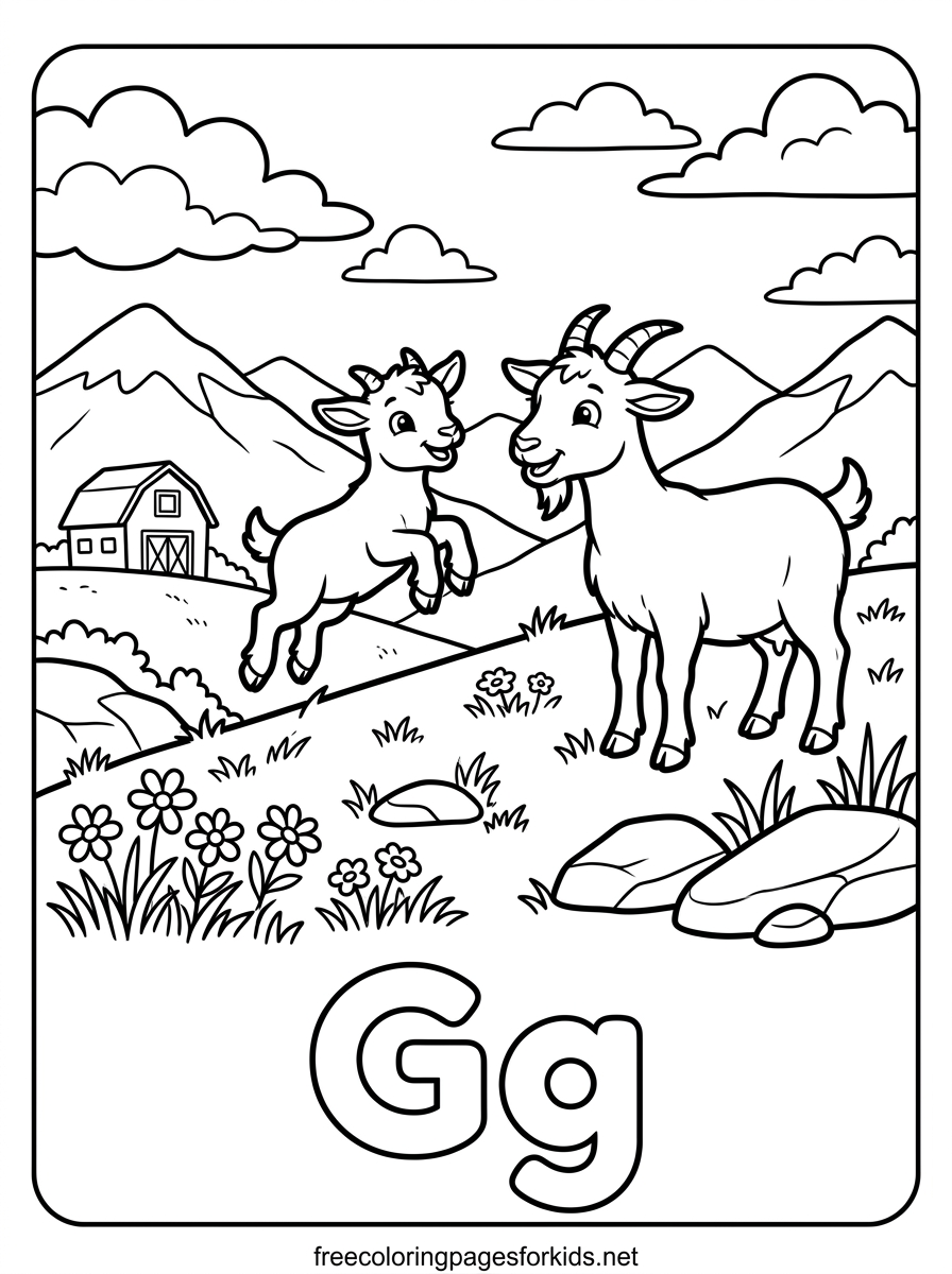 Letter G Baby Goat Jumping on the Hill Coloring Page