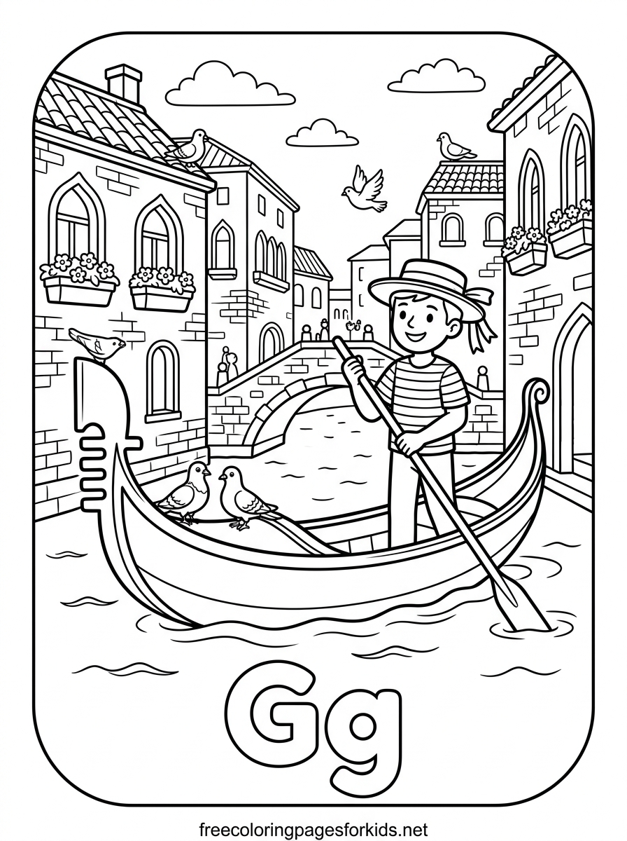 Letter G Gondola on the Canal Coloring Page