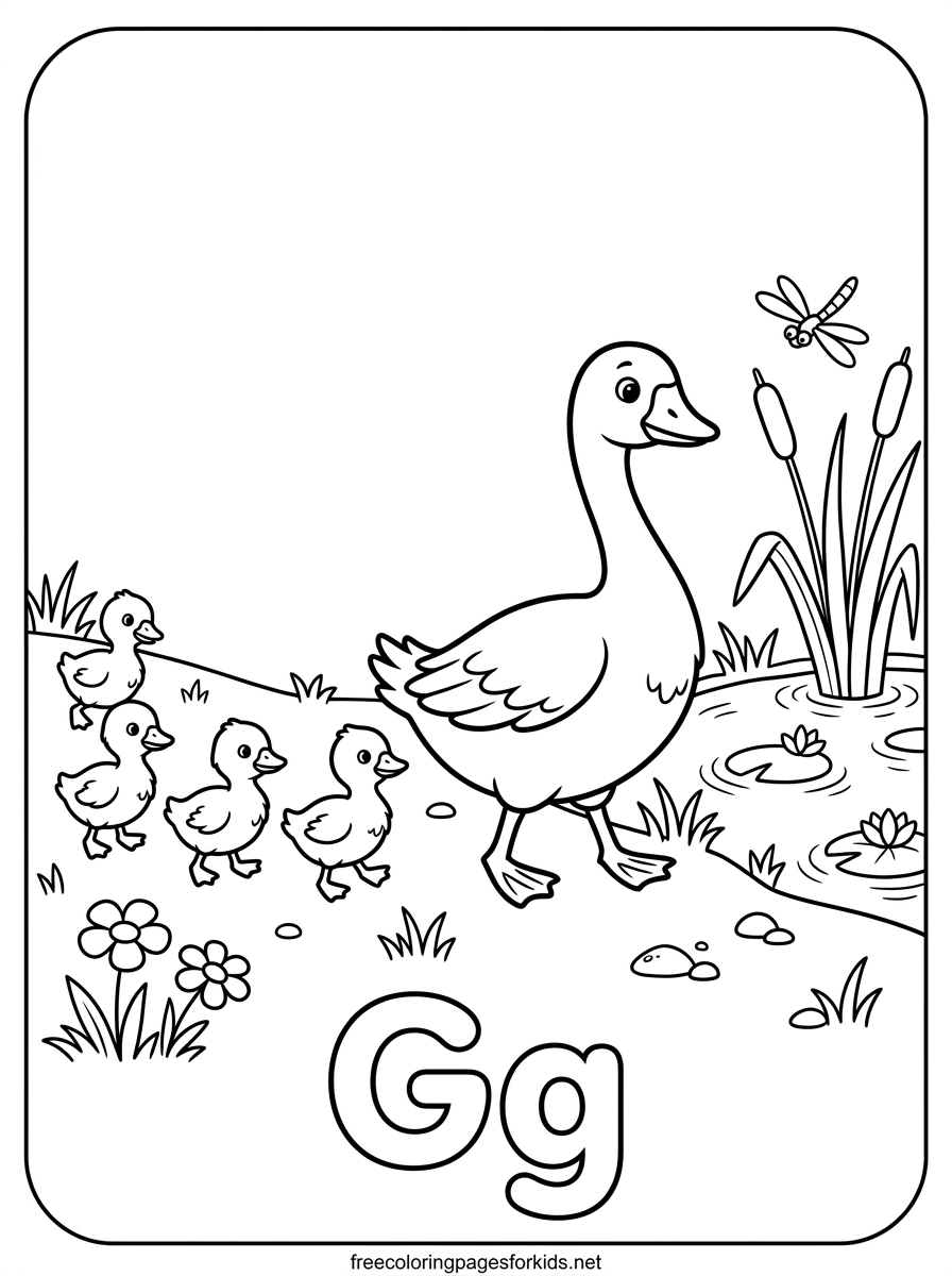 Letter G Goose and Goslings Coloring Page