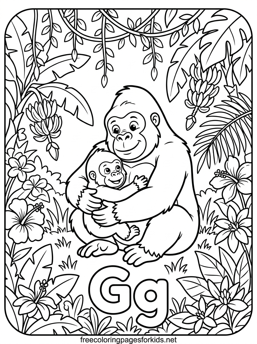 Letter G Gorilla Mother and Baby Coloring Page