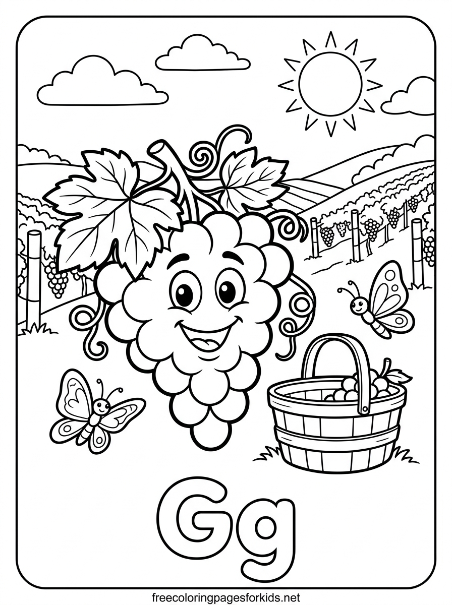 Letter G Smiling Grapes in the Vineyard Coloring Page