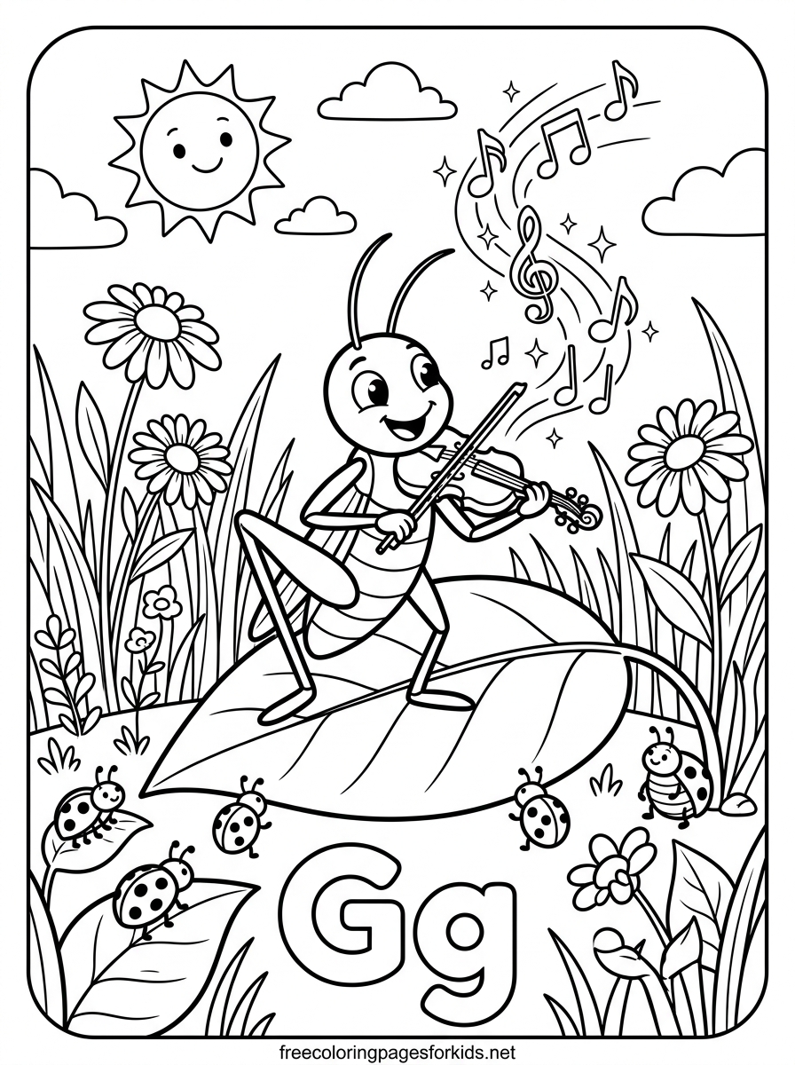 Letter G Grasshopper Playing the Violin Coloring Page