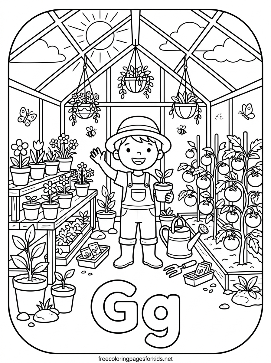 Letter G Greenhouse and Little Gardener Coloring Page