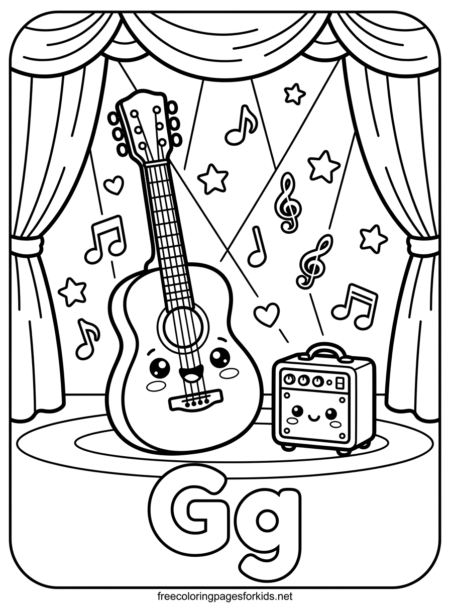 Letter G Smiling Guitar on Stage Coloring Page