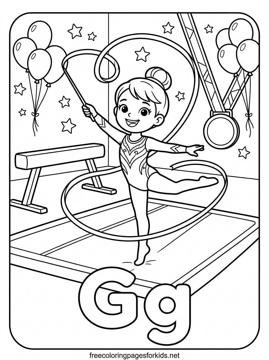 Letter G Gymnast with a Ribbon Coloring Page