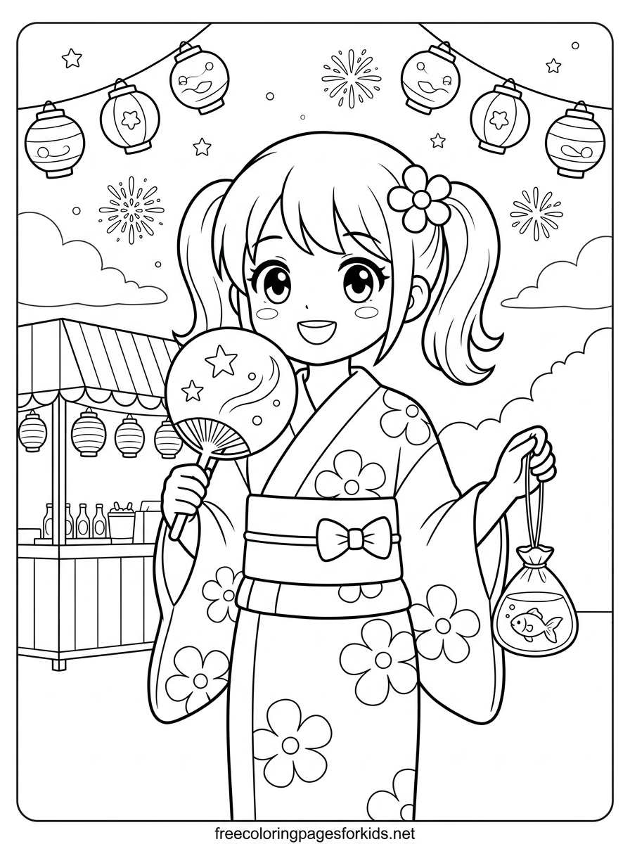 Anime Girl at the Summer Festival Coloring Page