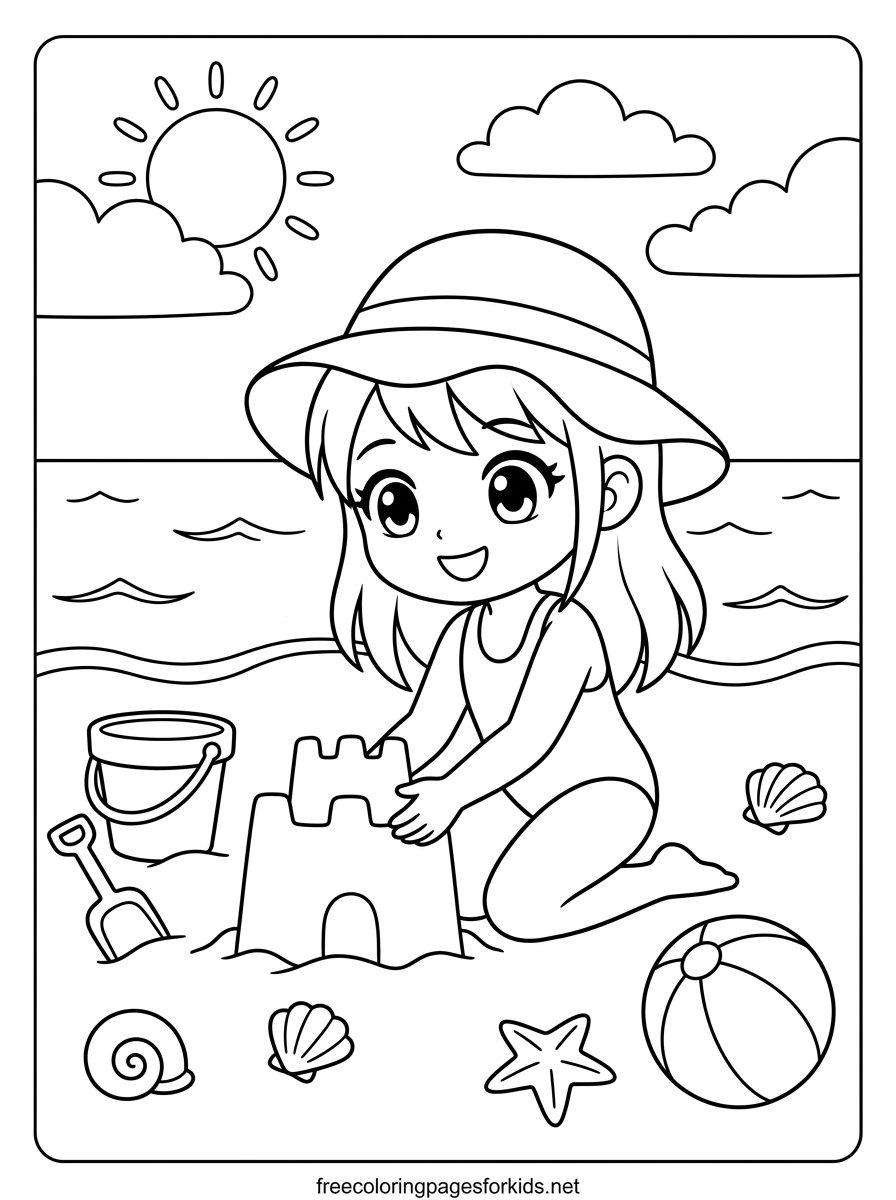 Anime Girl Building a Sandcastle Coloring Page