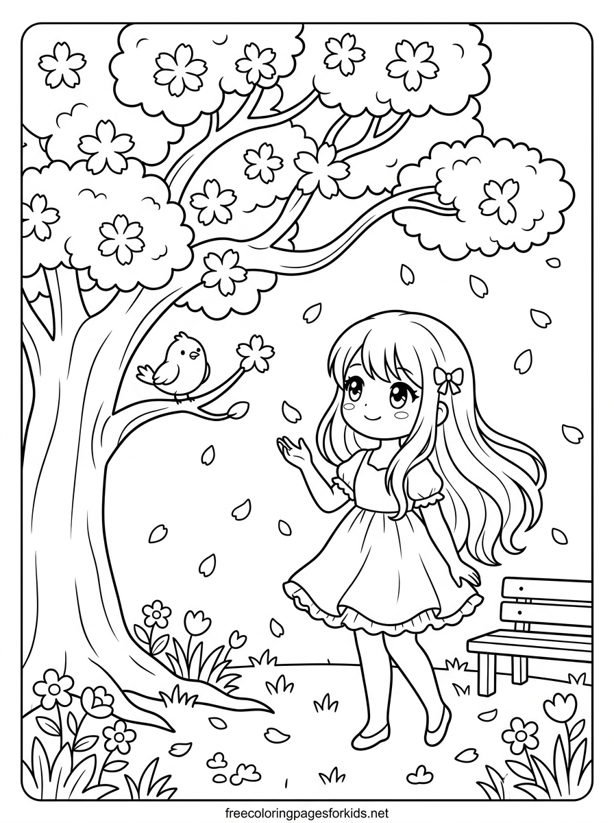 Anime Girl Under the Cherry Blossom Tree Coloring Page