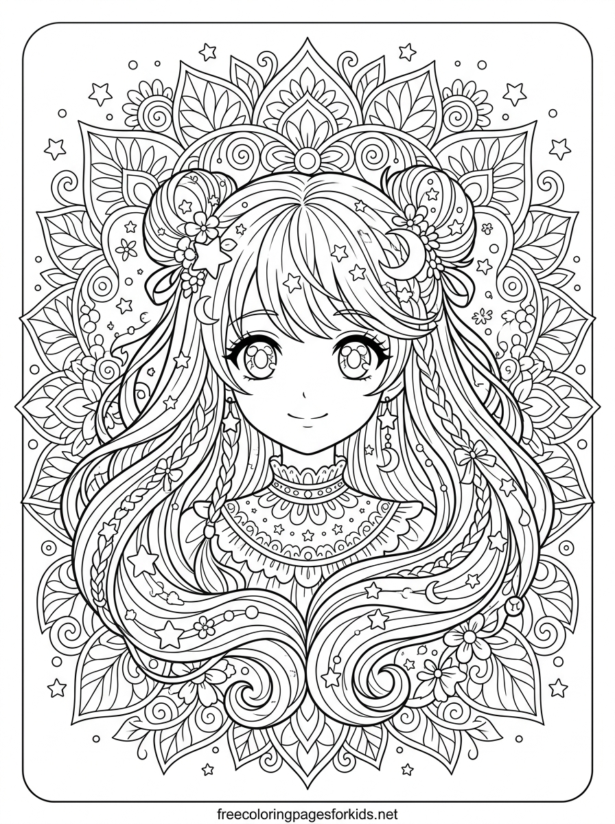 Mandala Anime Girl Coloring Page