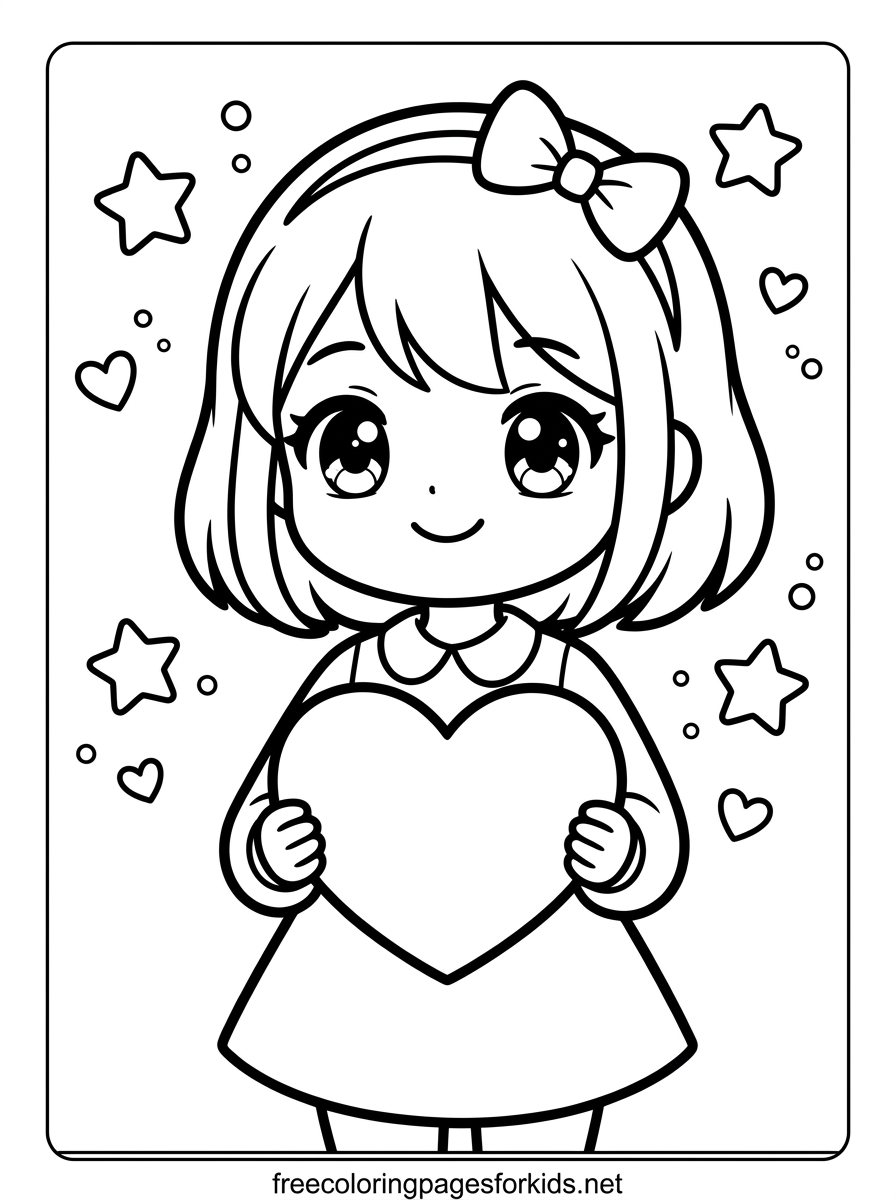Anime Girl Holding a Heart Coloring Page