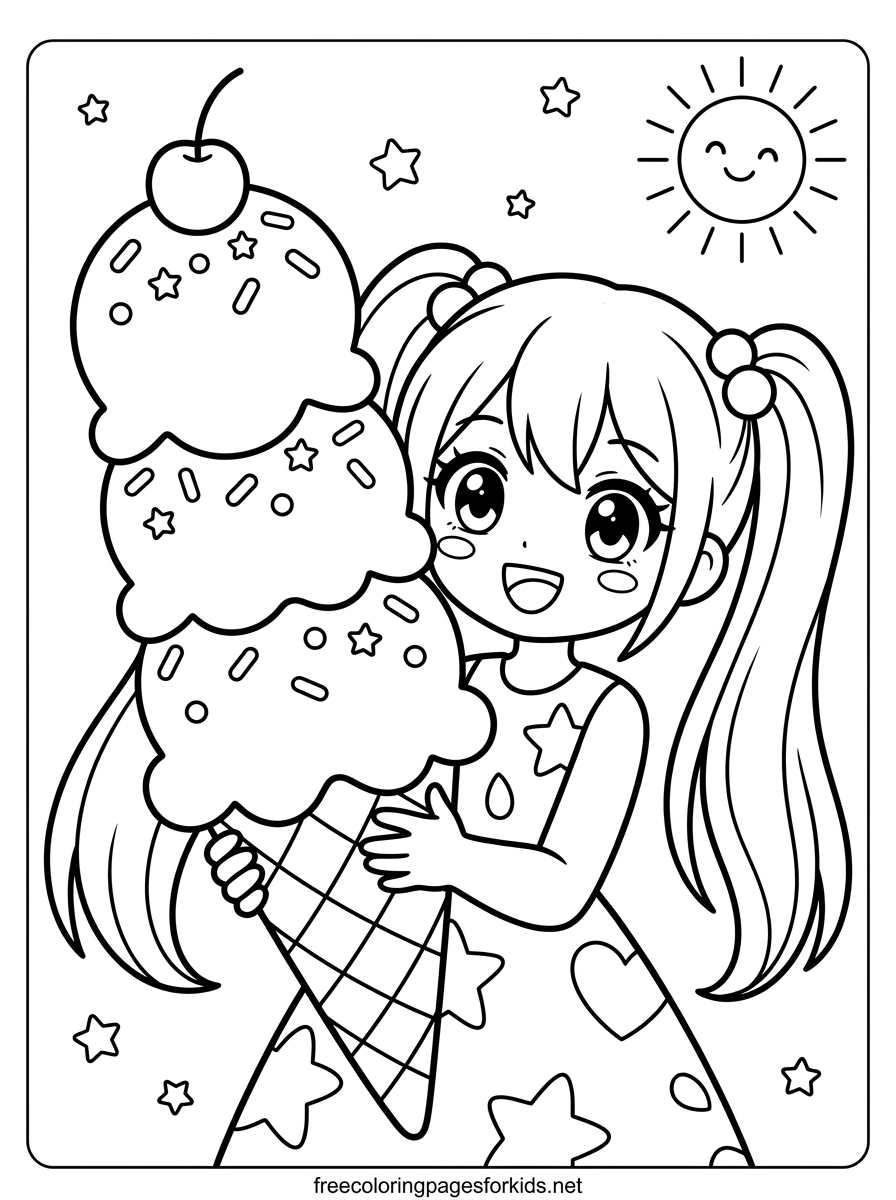 Anime Girl Holding an Ice Cream Coloring Page