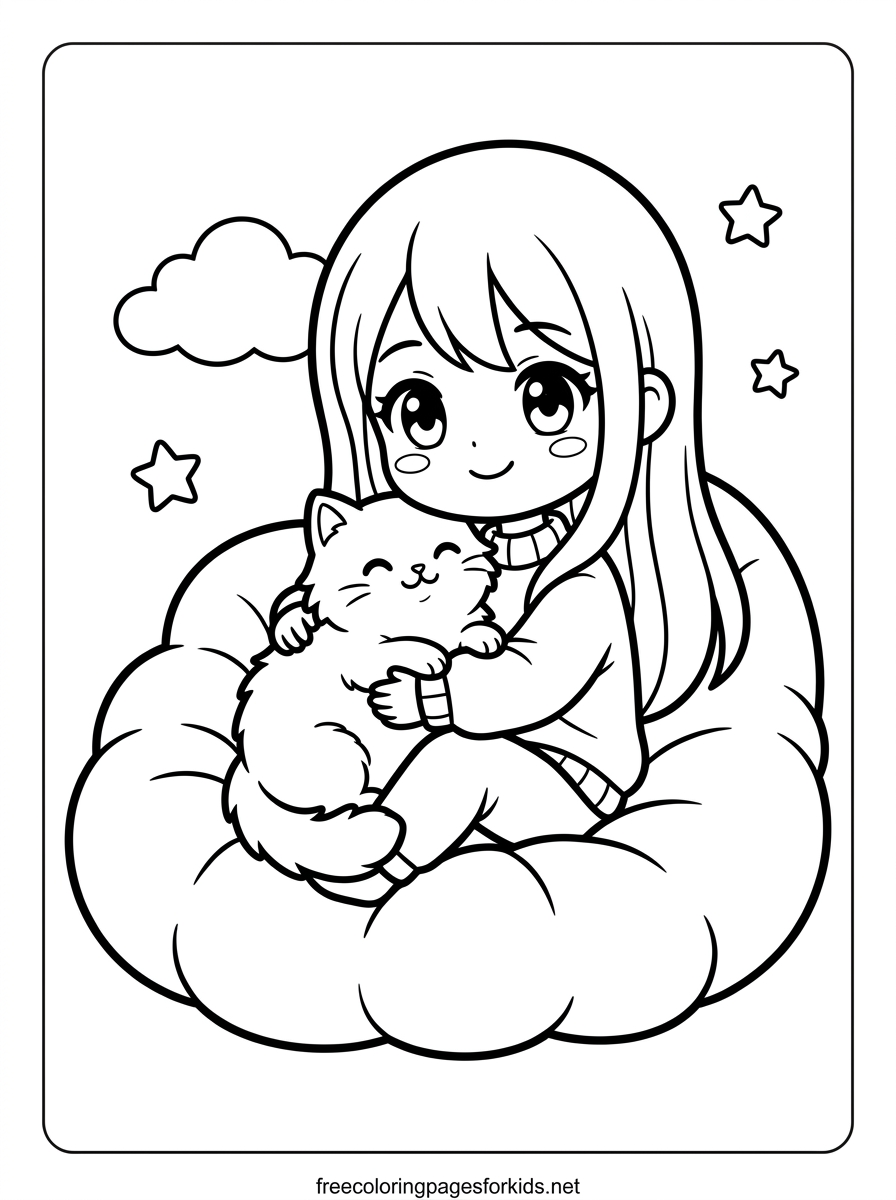 Anime Girl Hugging a Cat Coloring Page