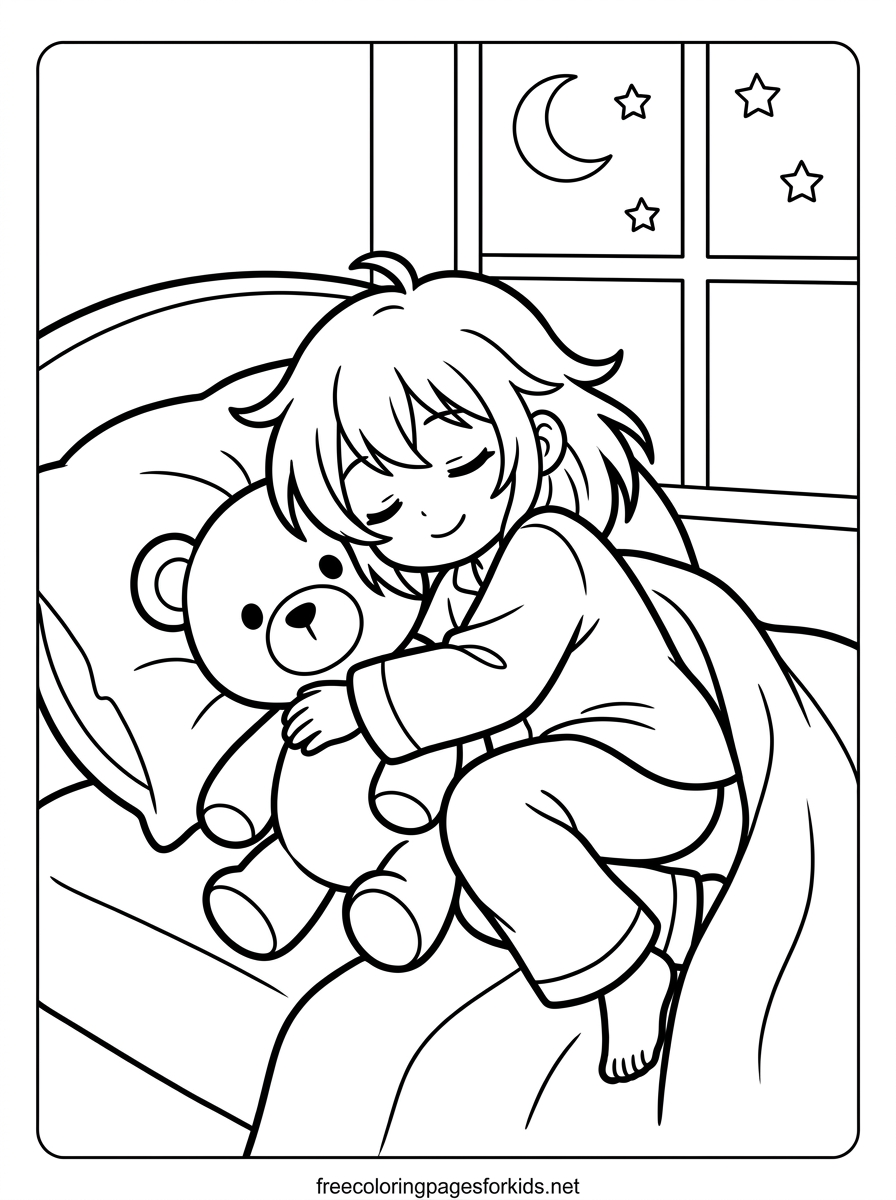 Anime Girl Hugging a Teddy Bear Coloring Page