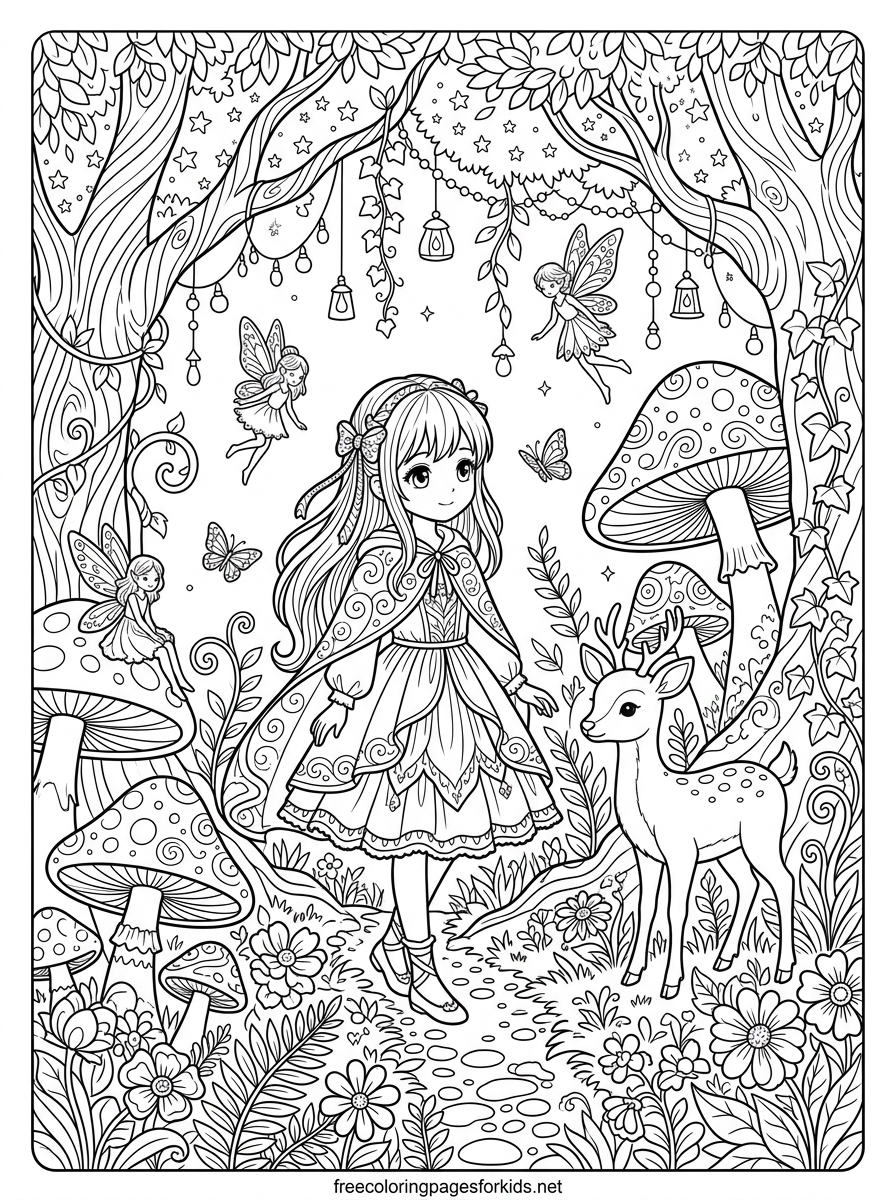 Anime Girl in an Enchanted Forest Coloring Page