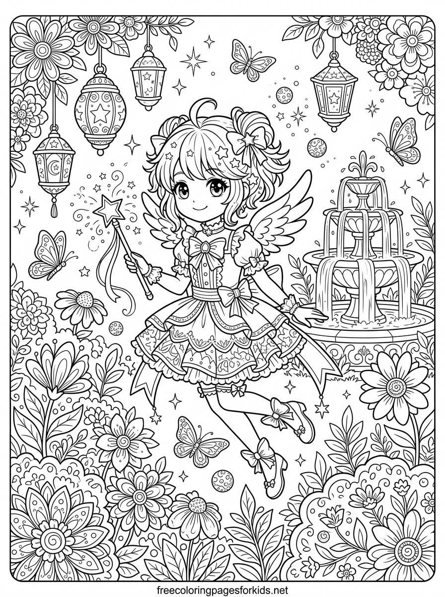 Anime Girl in a Flower Garden Coloring Page