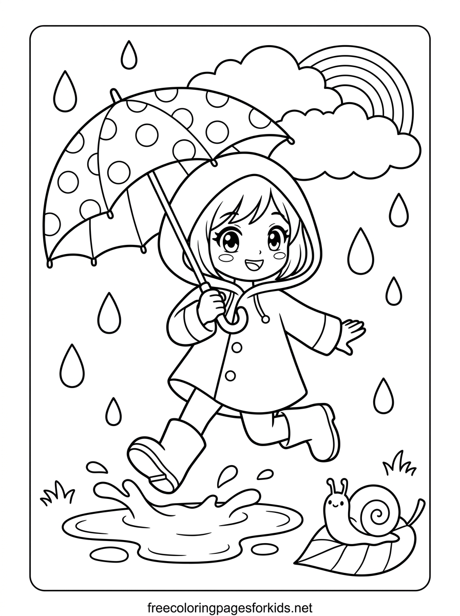 Anime Girl Jumping in Puddles Coloring Page