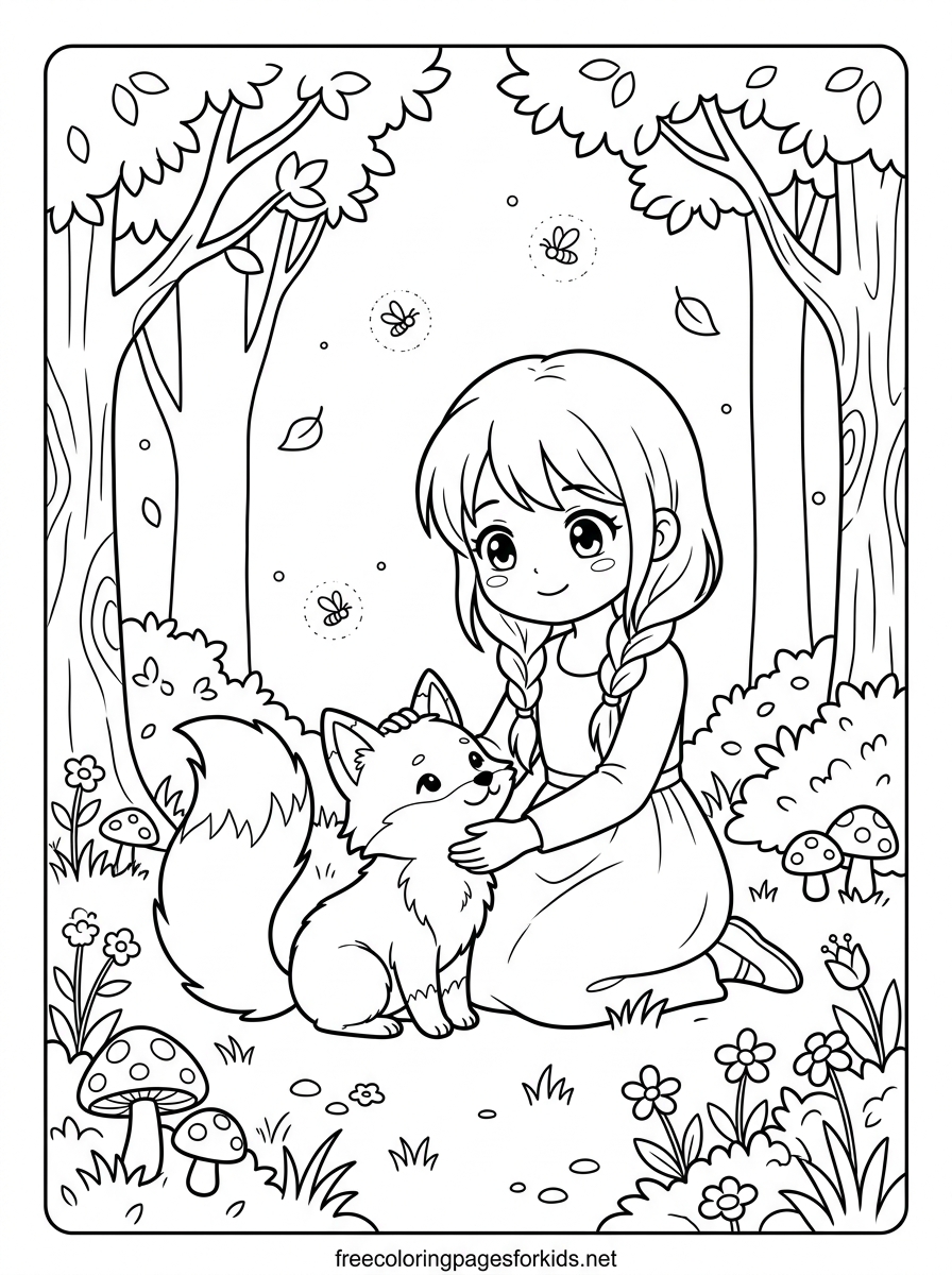 Anime Girl Petting a Fox Coloring Page