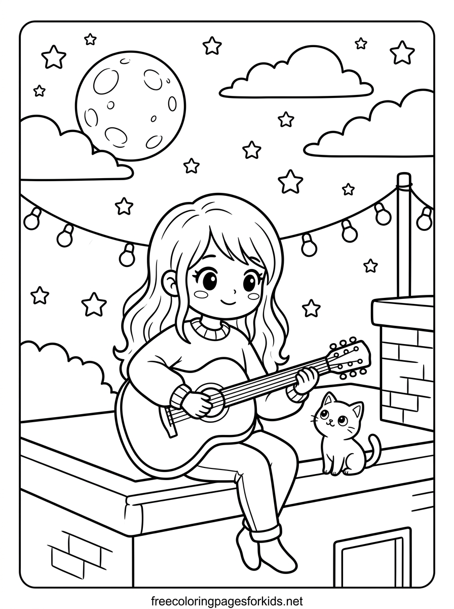 Anime Girl Playing the Guitar Coloring Page