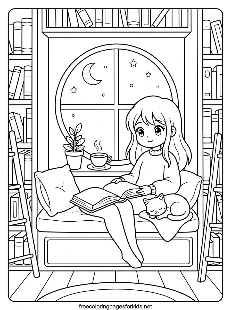 Anime Girl Reading a Book Coloring Page